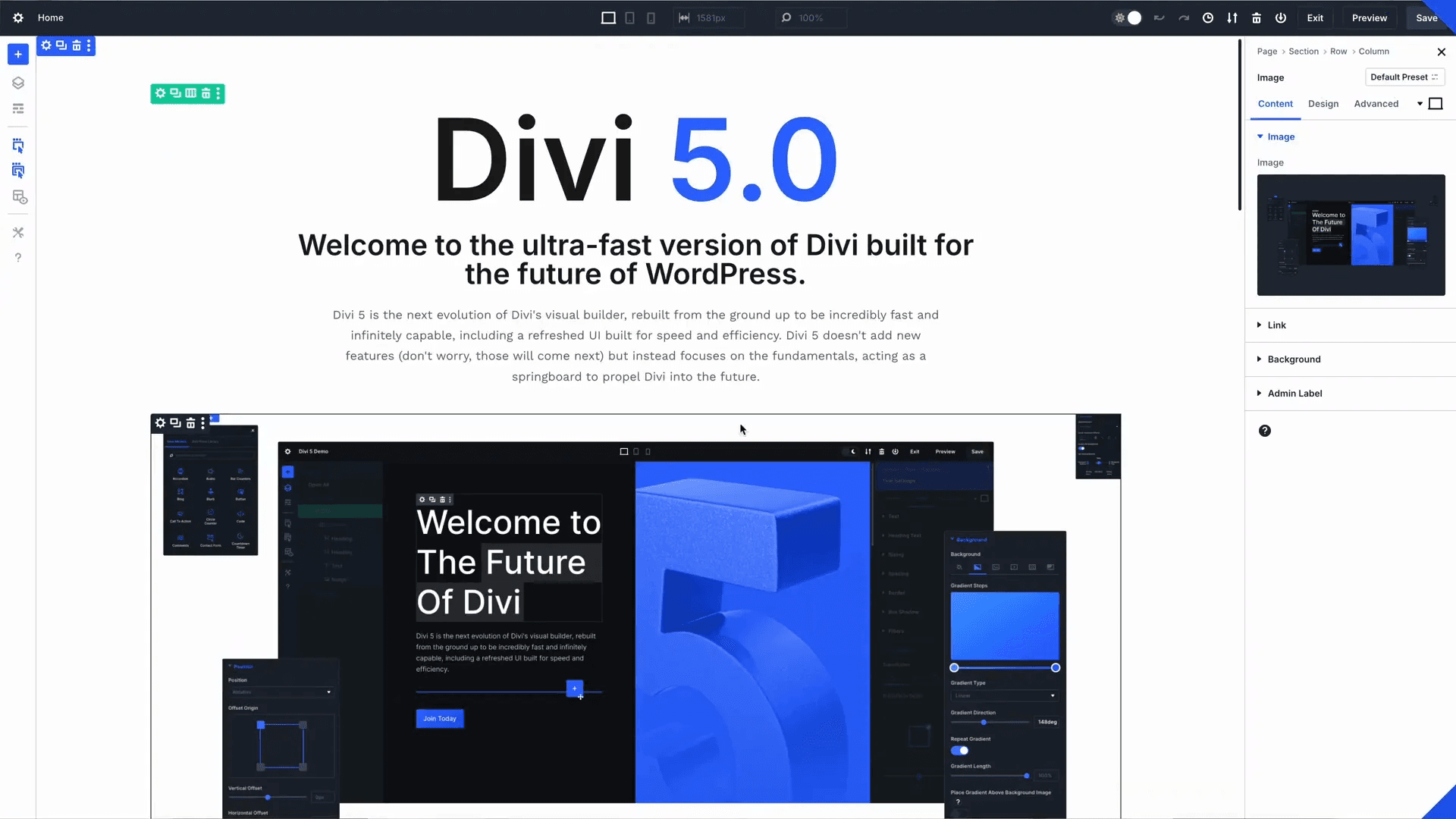 Interface du nouveau constructeur Divi 5 Alpha