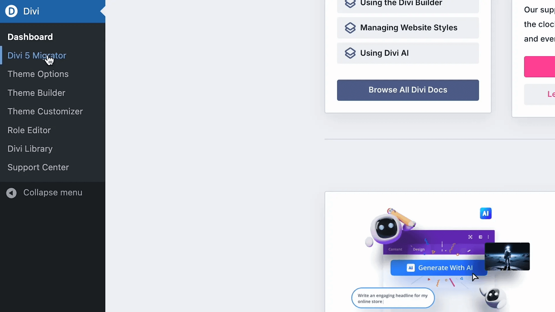 Interface du Migrateur dans Divi 5 Alpha